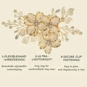 Pince à cheveux florale dorée avec perles et fleurs en acrylique, légère de 22g