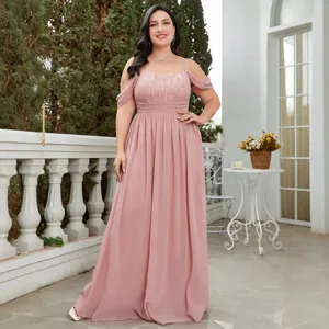 Elegant pink lace chiffon cold-shoulder maxi gown for formal evening events.