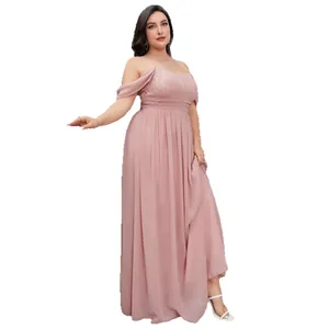 Elegant pink lace and chiffon cold shoulder evening gown featuring a pleated maxi skirt