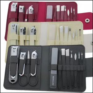 Professional 16-piece manicure and pedicure tool set in high-quality leather travel cases