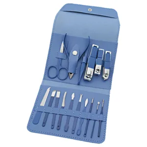 16-piece professional manicure set with blue stainless steel tools and blue case