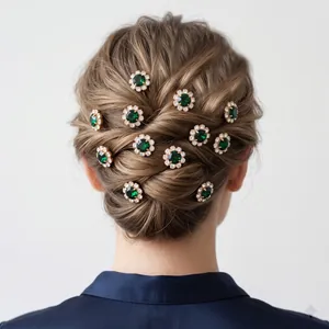 Ensemble élégant d'épingles à cheveux en forme de U avec fleurs vertes gemmes