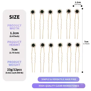Spécifications de taille pour l'ensemble de 12 épingles à cheveux fleurs strass verts