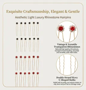 Vue détaillée d'épingles à cheveux fleurs en strass avec tiges dorées ondulées
