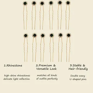 Vue détaillée d'épingles à cheveux en forme de U avec strass fleurs vertes et vagues