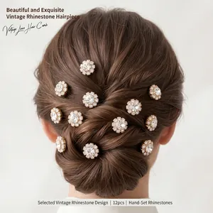 Lot de 12 épingles à cheveux vintage en strass en forme de fleur pour chignon mariée.