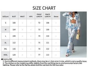 Detailed size chart for the women's landscape print shirt and long trousers set