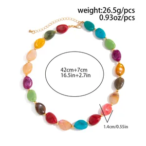 Detailed view of a colorful resin beaded necklace with specific size and weight data.