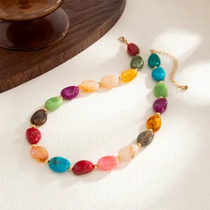 Detail shot of a colorful irregular resin bead necklace with ethnic style