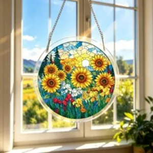 Beautiful sunflower stained glass style suncatcher hanging in a bright sunlit window