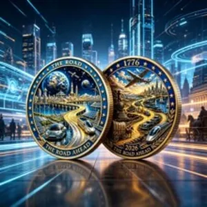 Futuristic metal commemorative coins set featuring intricate 1776-2026 road ahead design
