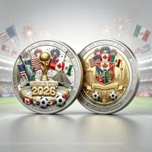 Close-up detail of 2026 World Cup commemorative coin featuring FIFA trophy and national flags