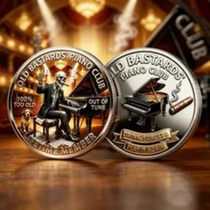 Close-up of Old Bastards Piano Club commemorative coins with skeleton design