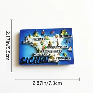 Detailed view of Sicily Italy souvenir resin fridge magnet with map dimensions