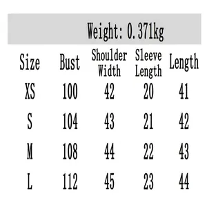 Size chart for denim short shirt and skirt-pants set with chest and length data