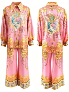 Elegant pink baroque print long sleeve shirt and wide leg pants two-piece set view