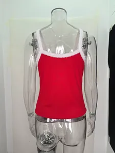 Red ribbed camisole top for women featuring delicate white lace trim Y2K fashion style.