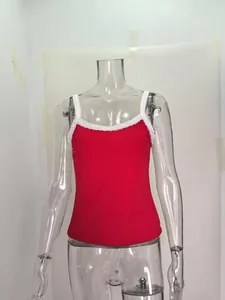 Y2K style red ribbed camisole top featuring delicate white lace trim on a mannequin