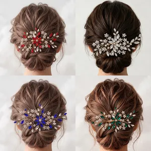Handmade Flower Bridal Hair Comb With Marquise Rhinestone And Imitation Artificial Pearl Alloy Floral Wedding Hair Accessories
