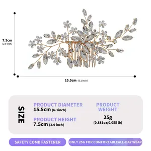 Detail view of handmade bridal hair comb with floral rhinestone dimensions. (86 chars)