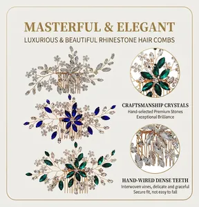 Detail of handmade bridal hair comb with navette rhinestones and floral design
