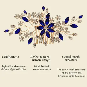Bridal hair comb with blue rhinestones and handmade floral vine design for updos.