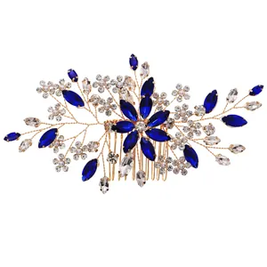 Handmade bridal vintage flower hair comb with sparkling blue marquise rhinestones