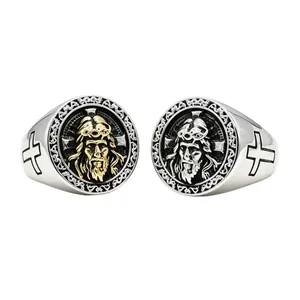 Mens Retro Jesus Christ Portrait Relief Ring Stainless Steel Religious Cross Embossed Vintage Jewelry