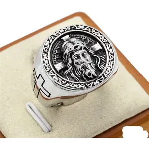 Vintage titanium steel ring with detailed Jesus Christ and cross relief carving