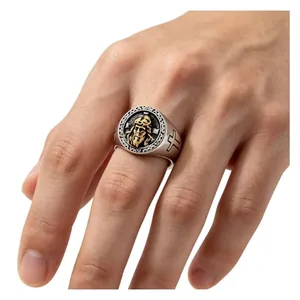 Macro detail view of the vintage stainless steel Jesus and cross statement ring for men.