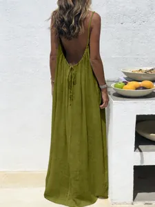 Back view of a long olive green backless spaghetti strap maxi dress for summer vacations.