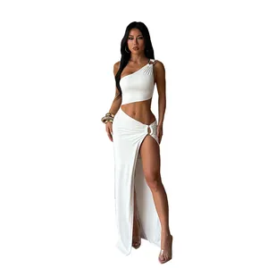 Sexy white one-shoulder cut-out maxi dress for summer beach vacations and parties