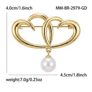 Elegant golden double heart brooch with pearl pendant, size 4.5x4.0cm and weight 7.0g