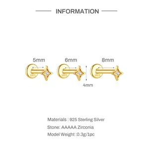 Detailed view of S925 sterling silver star flat back studs with 5/6/8mm post sizes