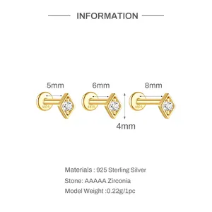 Detail view of 925 sterling silver flat back cartilage studs in 5mm, 6mm, and 8mm sizes.