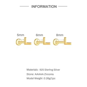 Technical details of 925 sterling silver L-shaped stud earrings in 5mm 6mm 8mm sizes