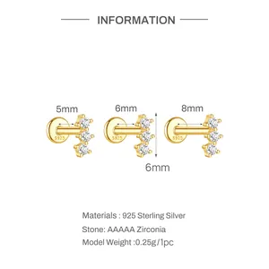 Detail view of 925 sterling silver curved zirconia flat back earrings in 3 sizes.