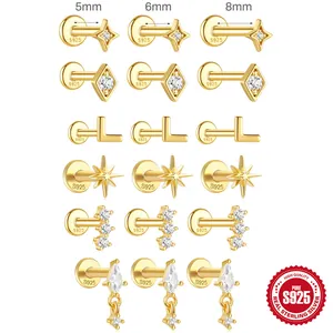 Rhombus Star Labret Piercing Earrings With 925 Sterling Silver Earring Post Zircon Geometric Gold Plated For Women