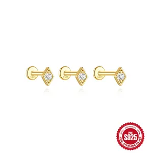 S925 sterling silver cartilage stud earrings with sparkling zircons and flat back