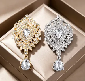 Broches couronne de luxe élégantes en or et argent avec strass en cristal complet