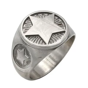 Macro view of retro titanium steel ring with engraved five-pointed star motif and matte finish