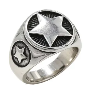 Detailed view of a retro five-star titanium steel ring for men in silver finish