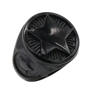 Detailed view of a black titanium steel signet ring with a pentagram star design