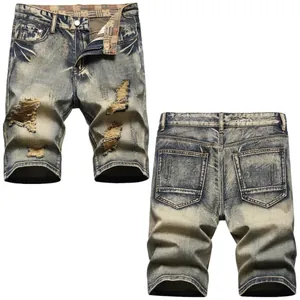 Vintage Washed Distressed Denim Shorts Men Ripped Whisker Casual Streetwear Cotton Spandex Loose Fit Five Point Jeans Shorts