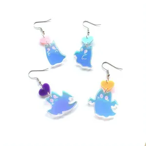 Halloween Ghost Cat Dangle Earrings Acrylic Iridescent Heart Shape Cute Spooky Jewelry For Women Girls Novelty