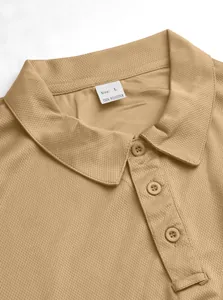 Close-up of khaki men's short sleeve polo shirt collar showing size L label and breathable texture