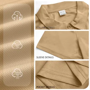 Detailed view of khaki tactical polo shirt showing breathable fabric and collar.