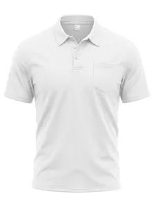 Classic white men's short sleeve polo shirt with chest pocket and breathable fabric