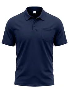 Navy blue short sleeve polo shirt with pocket and breathable polyester mesh fabric
