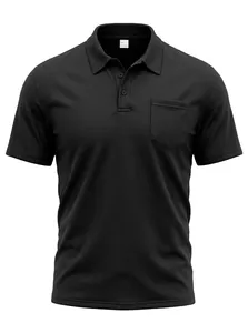 Detailed view of men's black short sleeve polo shirt with breathable textured fabric